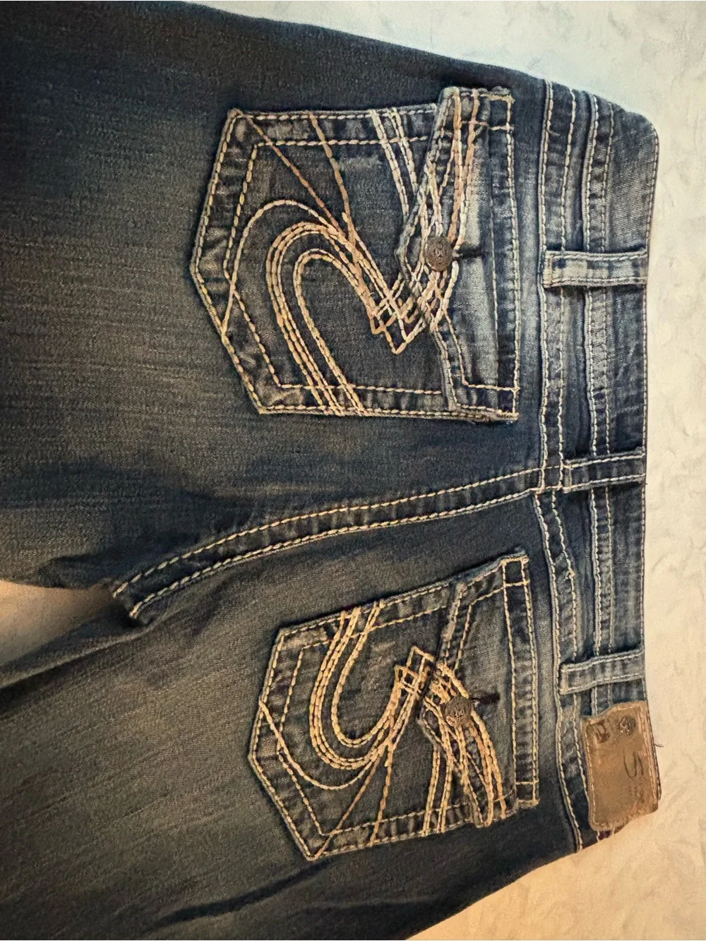 Silver Jeans Co Pioneer Men 34x31 Distressed Bootcut Thick Stitch Blue Denim Y2K
